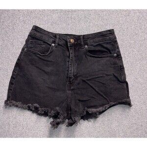 H&M Divided Black Denim Shorts Cutoffs High Waisted Distressed Frayed Hem Size 6